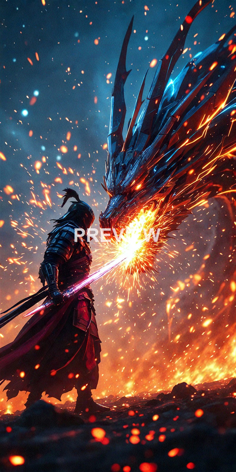 A heavily armored warrior with a sword facing a giant, fierce dragon amidst a fiery explosion and sparks flying around.